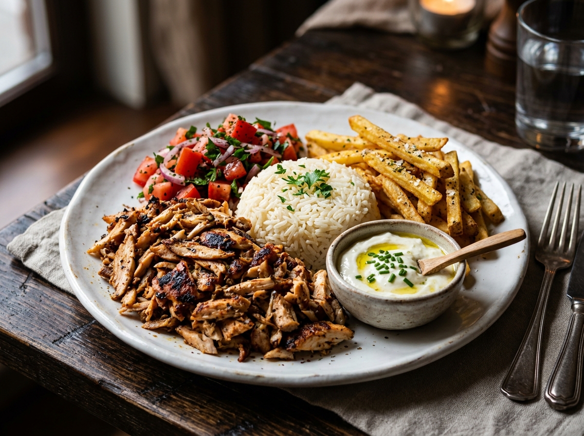 HÄHNCHEN TELLER – Hähnchen Döner Teller mit saftig gegrilltem Hähnchenfleisch, wahlweise mit Pommes oder Reis, serviert mit einem frischen gemischten Salat und hausgemachten Saucen.