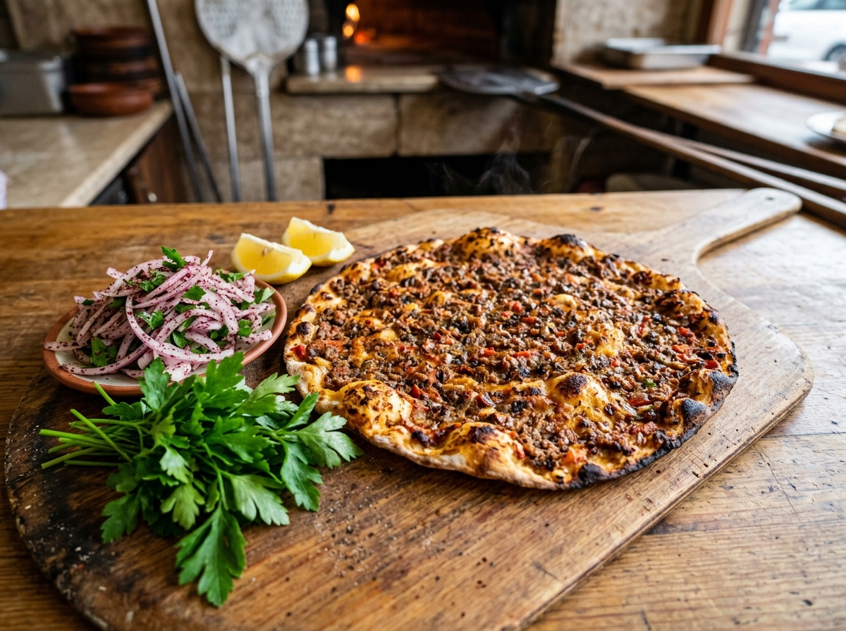 LAHMACUN – Hausgemachte türkische Pizza (Lahmacun) mit einer würzigen Hackfleisch-Kräutermischung, frisch gebacken im Steinofen nach traditionellem Rezept.
