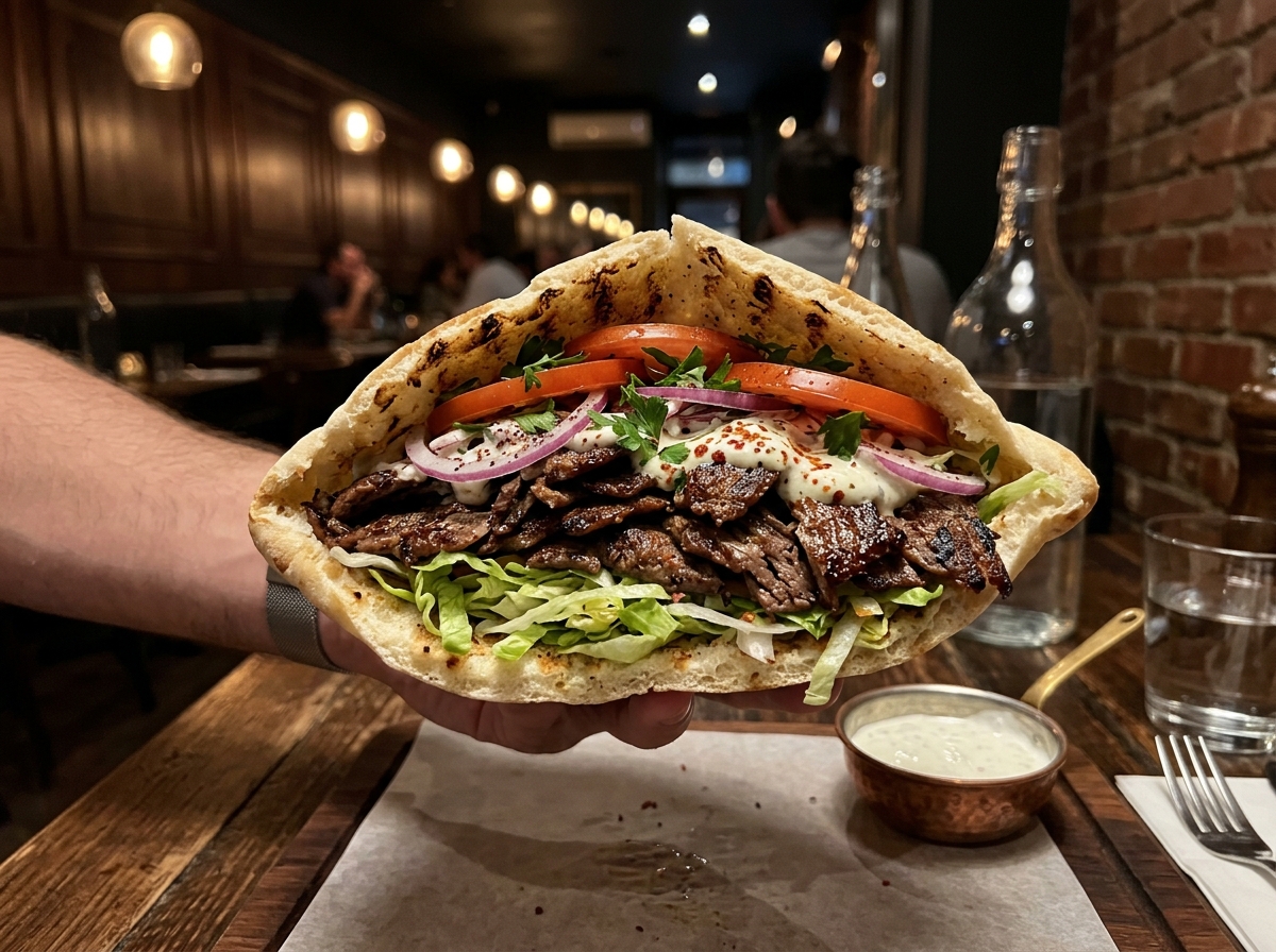 STEAK DÖNER – Originaler Steak Döner Magdeburg bei Pelit Feinkost: 100% handgeschichtetes Yaprak Rindersteak, frisch gebackenes Steinofenbrot, knackiger Salat und hausgemachte Kräuter-Knoblauchsauce. Traditioneller Genuss direkt im Flora Park.