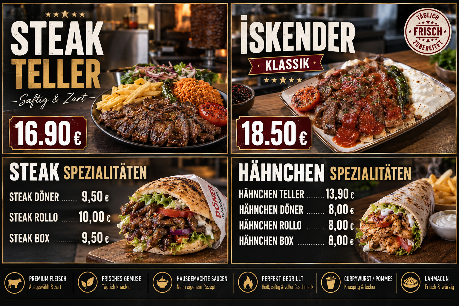 Köfte Teller, Lahmacun und Currywurst mit Pommes bei Pelit Feinkost Magdeburg
